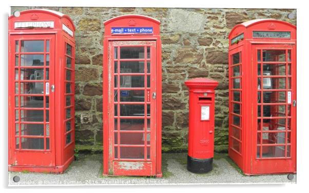 Iconic red telephone boxes with an iconic red post Acrylic by Rhonda Surman