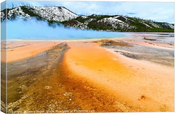 Grand Prismatic Spring on a cloudy day. Canvas Print by Jamie Pham