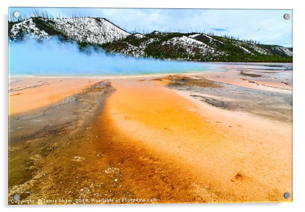 Grand Prismatic Spring on a cloudy day. Acrylic by Jamie Pham