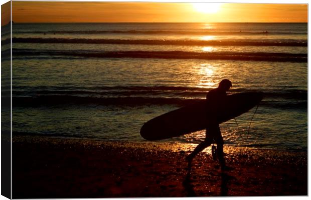 Surfer at sunset Canvas Print by Helen Cooke