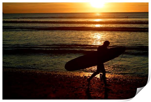 Surfer at sunset Print by Helen Cooke