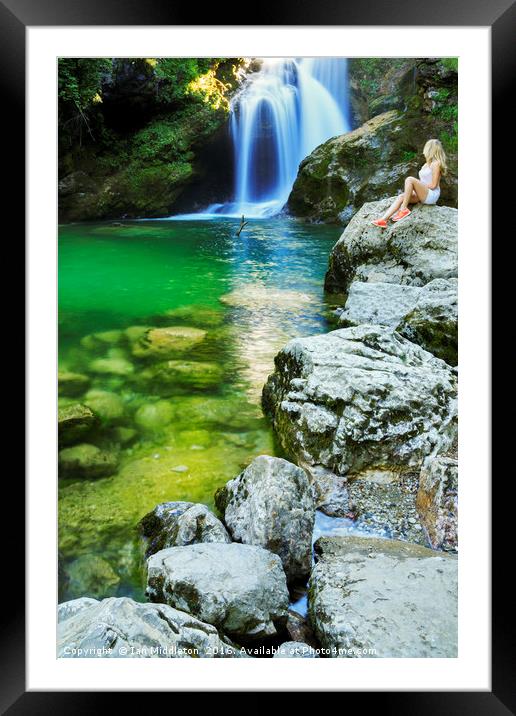Girl watching the Sum Waterfall in Vintgar Gorge Framed Mounted Print by Ian Middleton