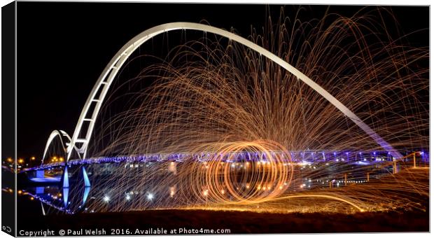Fire Spinning At The Infinity Bridge Canvas Print by Paul Welsh