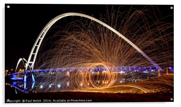 Fire Spinning At The Infinity Bridge Acrylic by Paul Welsh