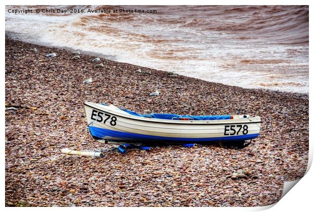 Boat on Budleigh Salterton Beach Print by Chris Day