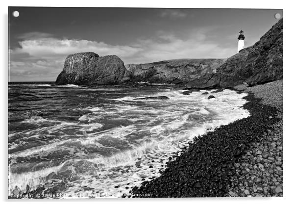 Yaquina Lighthouse on top of rocky beach Acrylic by Jamie Pham