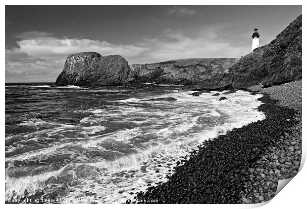 Yaquina Lighthouse on top of rocky beach Print by Jamie Pham