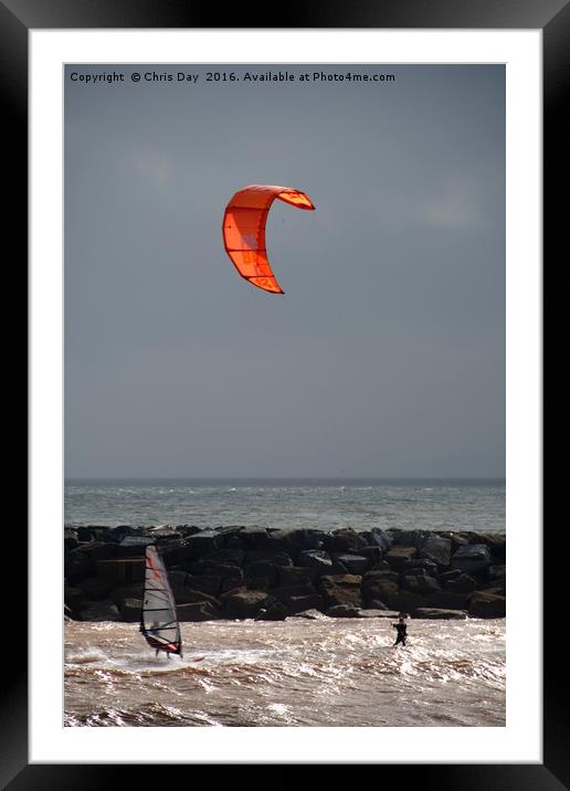 A kite surfer and wind surfer Framed Mounted Print by Chris Day