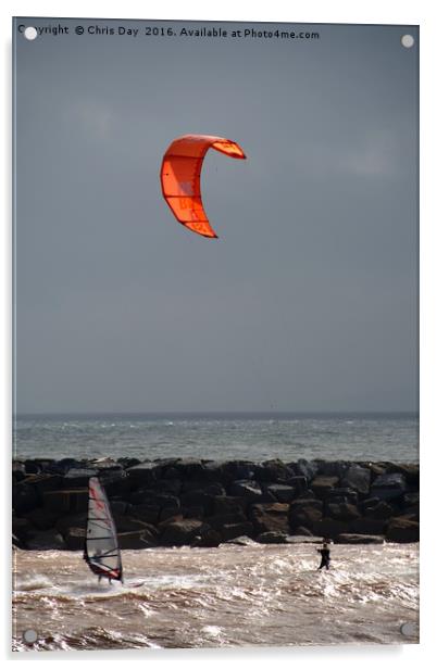 A kite surfer and wind surfer Acrylic by Chris Day