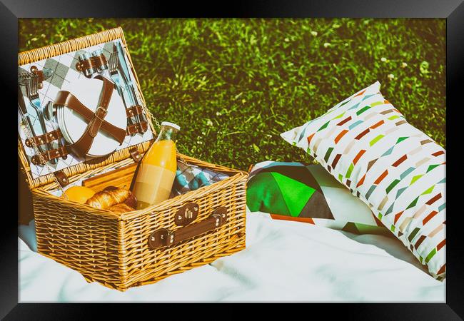 Picnic Basket Food On White Blanket With Pillows I Framed Print by Radu Bercan
