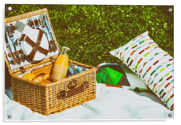 Picnic Basket Food On White Blanket With Pillows I Acrylic by Radu Bercan