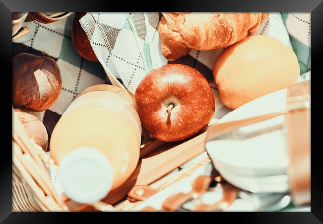 Juice Bottle, Peaches, Apple, Orange And Croissant Framed Print by Radu Bercan