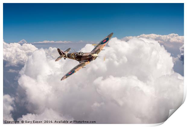 Spitfire above clouds Print by Gary Eason