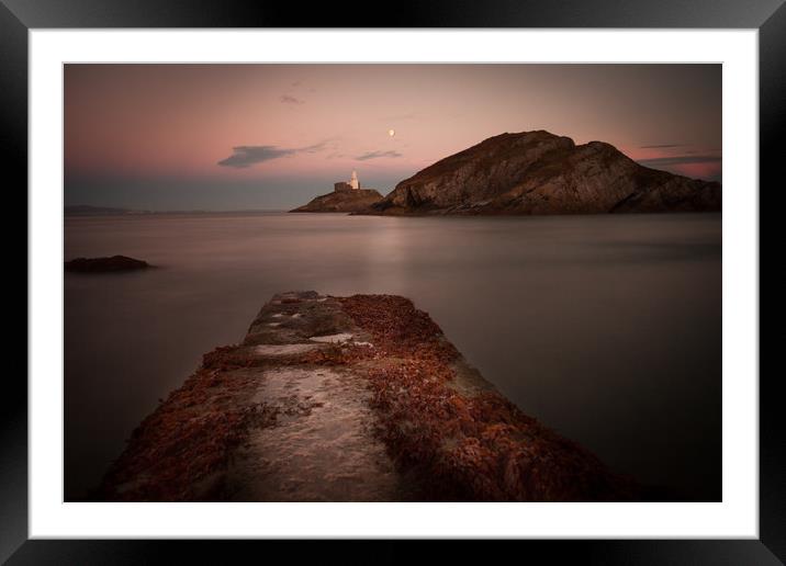 Mumbles lighthouse at night Framed Mounted Print by Leighton Collins