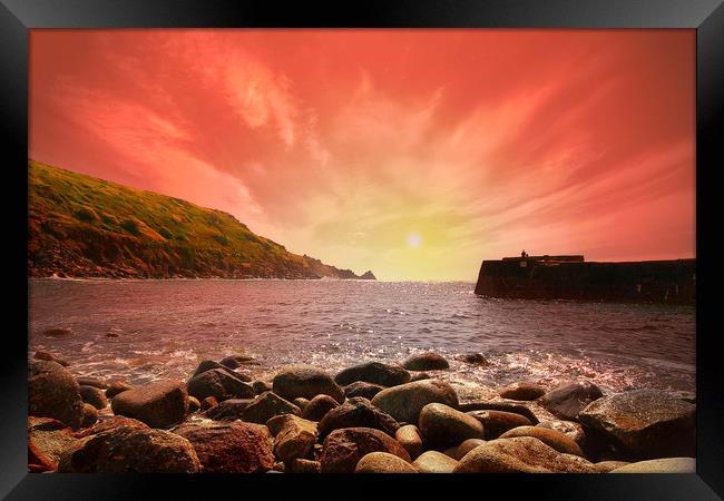 Cornish Sunset in Lamorna Cove Framed Print by Rob Lester