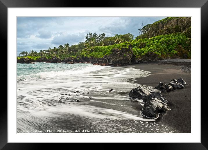 The exotic and famous Black Sand Beach of Maui Framed Mounted Print by Jamie Pham
