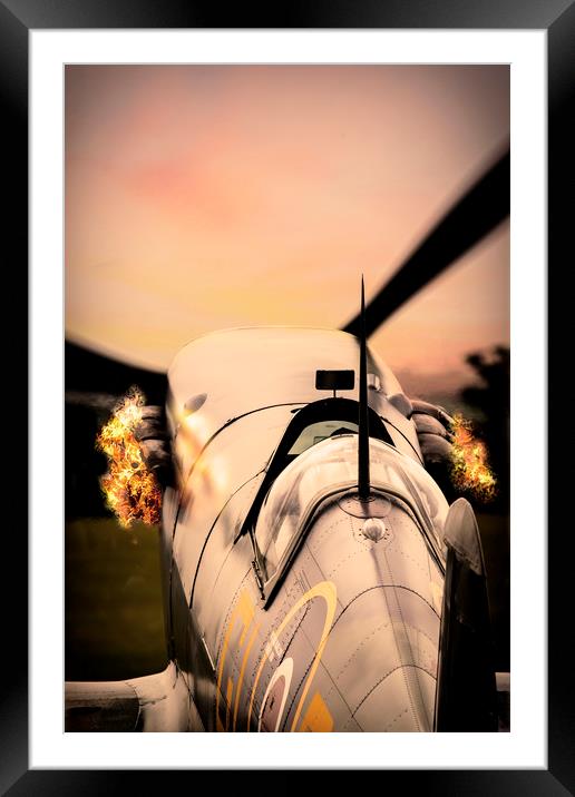 Supermarine Spitfire Spitting Fire Framed Mounted Print by J Biggadike