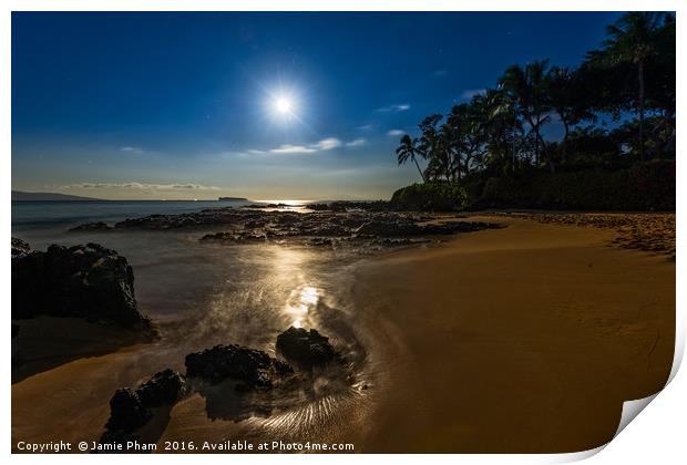 The Moon glowing over Secret Beach in Maui. Print by Jamie Pham