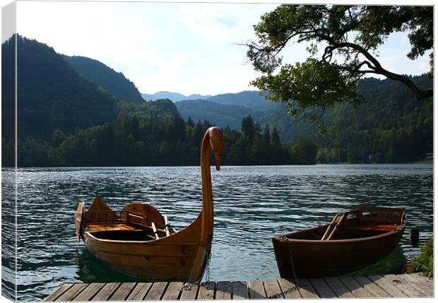 Lake Bohinj, Slovenia, boats Canvas Print by Raymond Gilbert