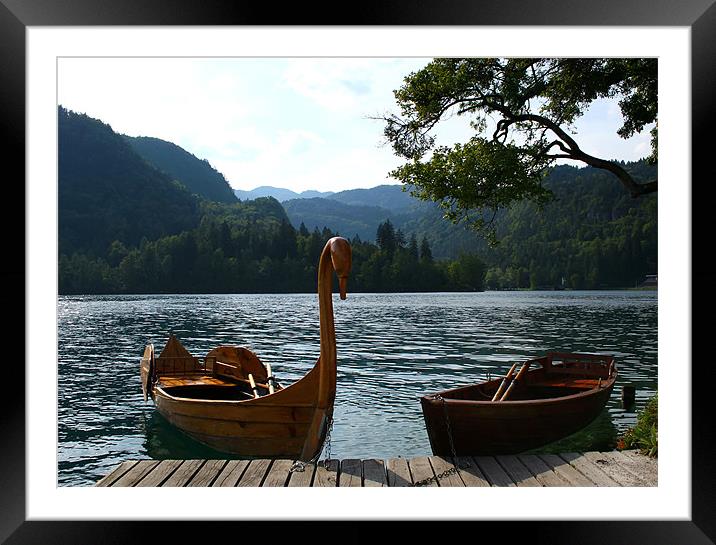 Lake Bohinj, Slovenia, boats Framed Mounted Print by Raymond Gilbert
