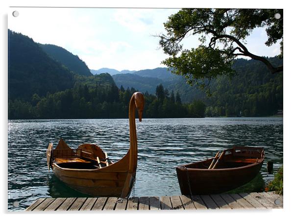 Lake Bohinj, Slovenia, boats Acrylic by Raymond Gilbert