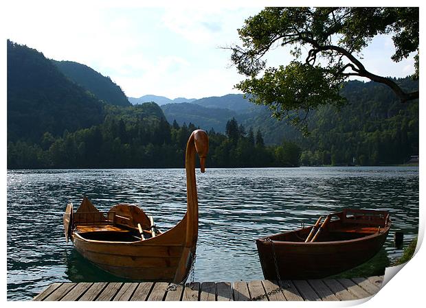 Lake Bohinj, Slovenia, boats Print by Raymond Gilbert