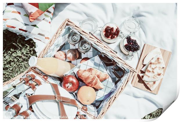 Picnic Basket With Fruits, Orange Juice, Croissant Print by Radu Bercan