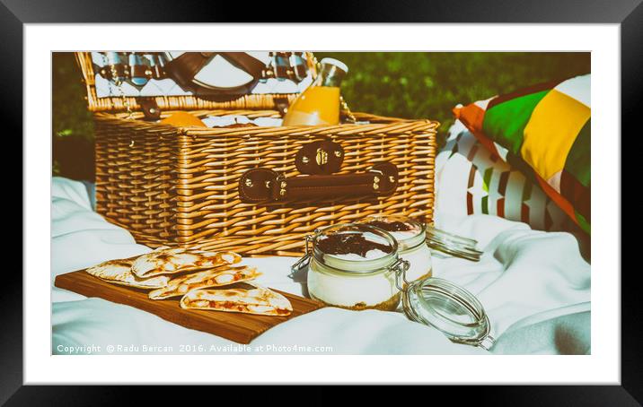 Picnic Basket With Fruits, Orange Juice, Croissant Framed Mounted Print by Radu Bercan