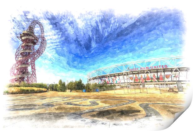 West Ham FC  Stadium And The Arcelormittal Orbit   Print by David Pyatt