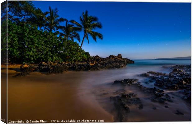 The Moon glowing over Secret Beach in Maui. Canvas Print by Jamie Pham