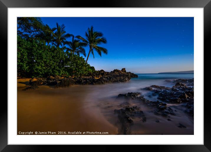The Moon glowing over Secret Beach in Maui. Framed Mounted Print by Jamie Pham
