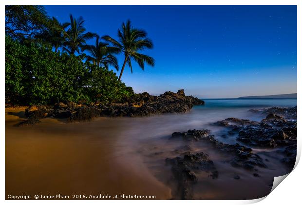 The Moon glowing over Secret Beach in Maui. Print by Jamie Pham