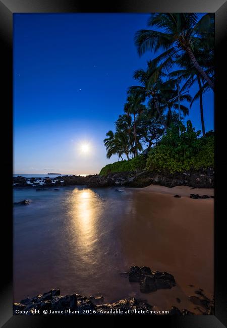 The Moon glowing over Secret Beach in Maui. Framed Print by Jamie Pham