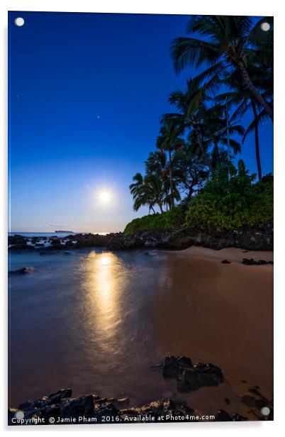 The Moon glowing over Secret Beach in Maui. Acrylic by Jamie Pham
