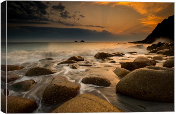 Porth Nanven sunset at low tide Canvas Print by Michael Brookes