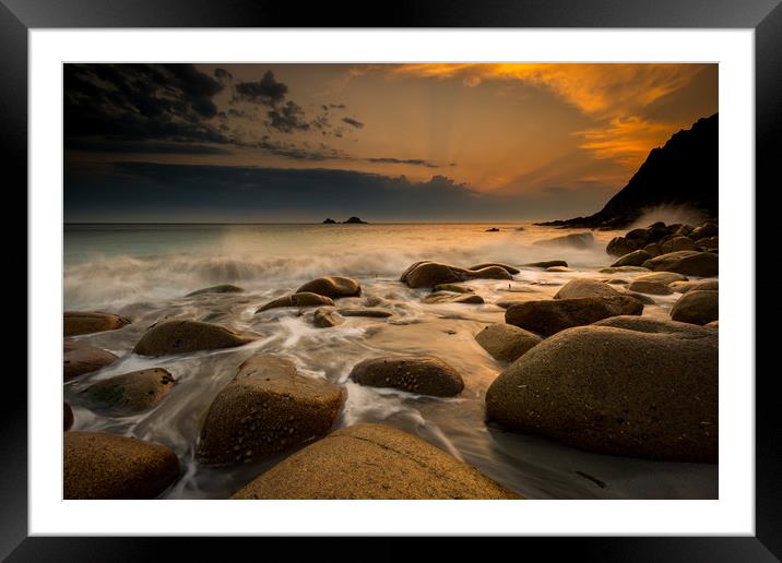 Porth Nanven sunset at low tide Framed Mounted Print by Michael Brookes