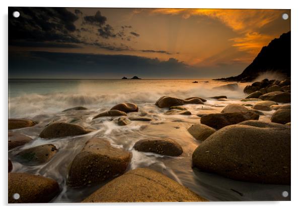 Porth Nanven sunset at low tide Acrylic by Michael Brookes