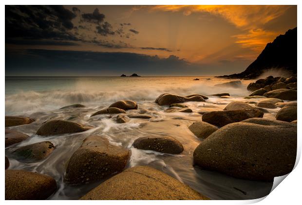 Porth Nanven sunset at low tide Print by Michael Brookes