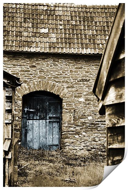 sepia with blue door on photoshop Print by Alexia Miles