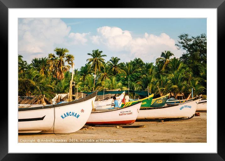 Wooden fishing boats on Morjim beach, Goa, India Framed Mounted Print by Andrei Bortnikau