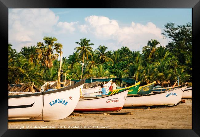 Wooden fishing boats on Morjim beach, Goa, India Framed Print by Andrei Bortnikau