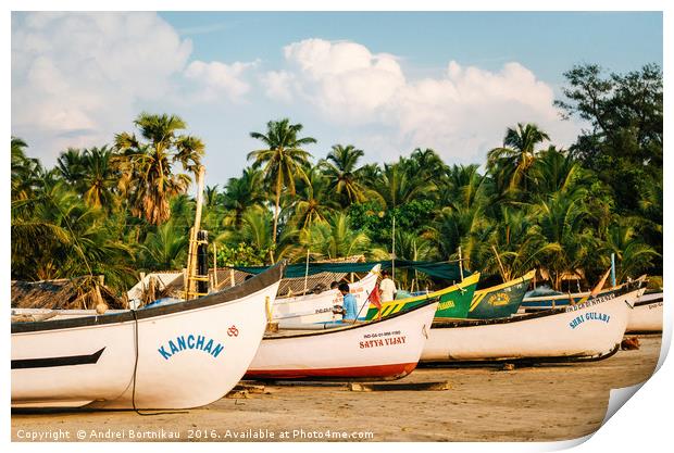 Wooden fishing boats on Morjim beach, Goa, India Print by Andrei Bortnikau