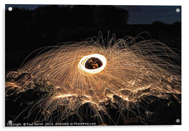 Fire Spinning At Broken Scar Weir Acrylic by Paul Welsh