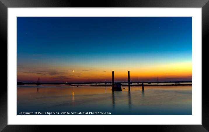 Brancaster Staithe, Sunset and Moon set. Framed Mounted Print by Paula Sparkes