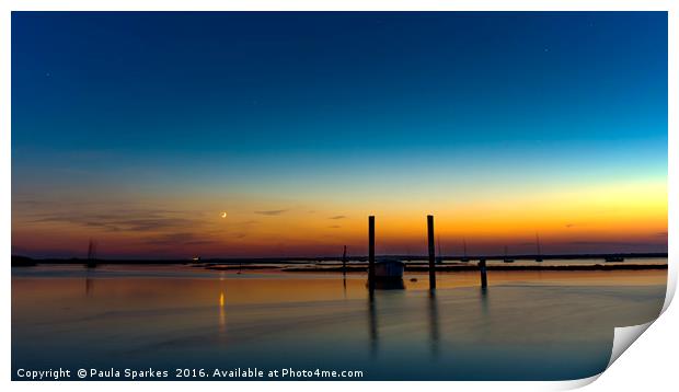 Brancaster Staithe, Sunset and Moon set. Print by Paula Sparkes
