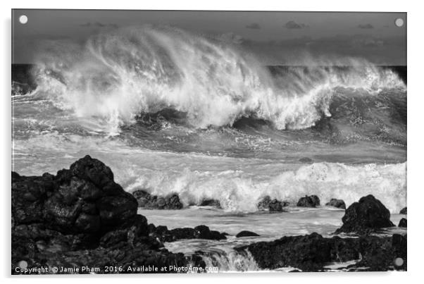 The large and spectacular waves at Hookipa Beach  Acrylic by Jamie Pham