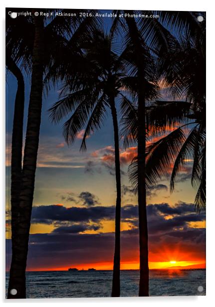Waikiki Sunset Acrylic by Reg K Atkinson