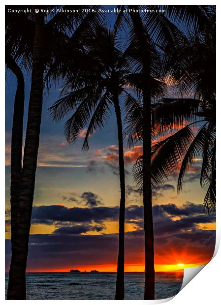 Waikiki Sunset Print by Reg K Atkinson