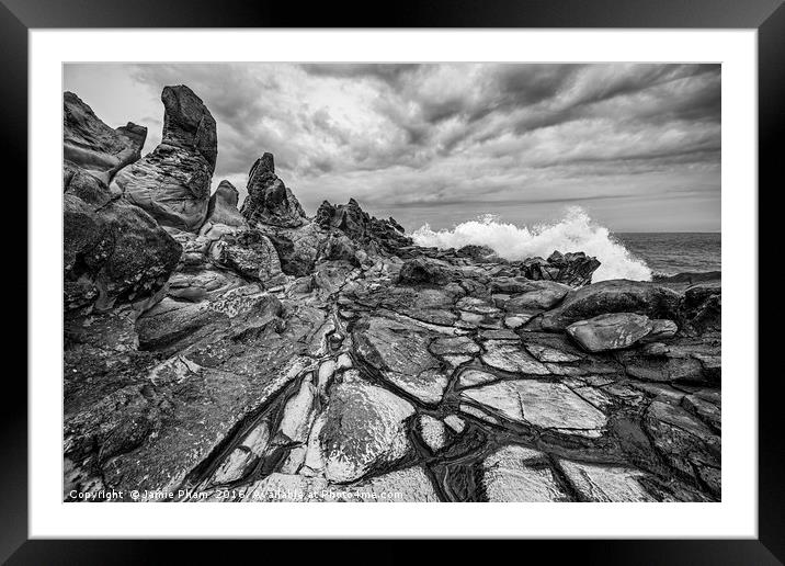 Dramatic lava rock formation called the Dragon's T Framed Mounted Print by Jamie Pham
