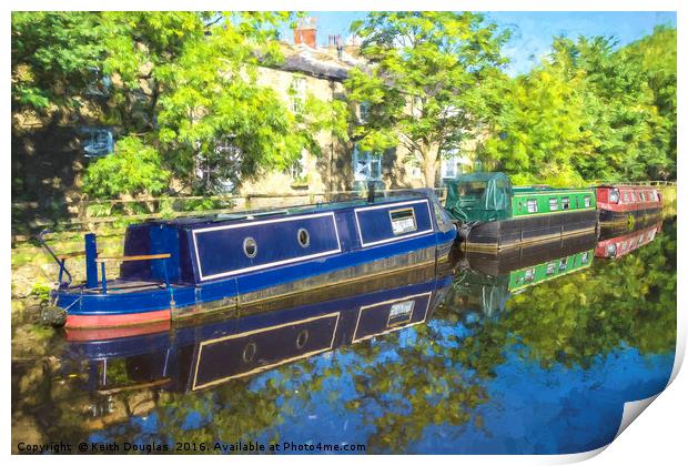 Boats moored on the canal in Skipton Print by Keith Douglas